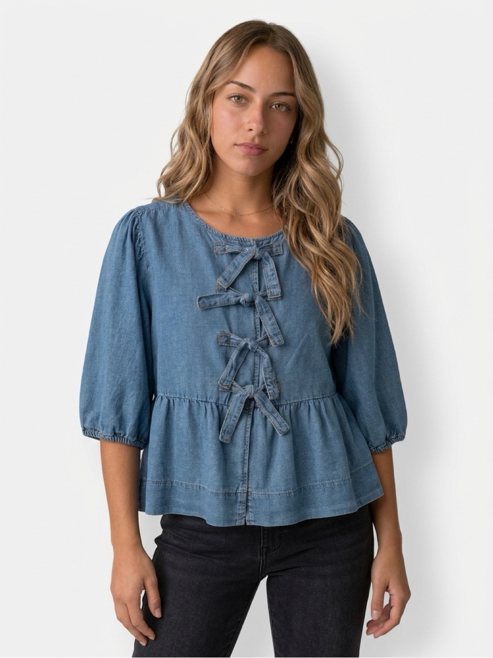 Velvet Heart Chambray Denim Peplum Top Front Tie Size L